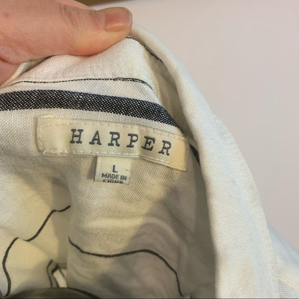 Harper Top Tie Front Button Down Linen Striped Blouse Women's L Large Spring - Picture 5 of 5